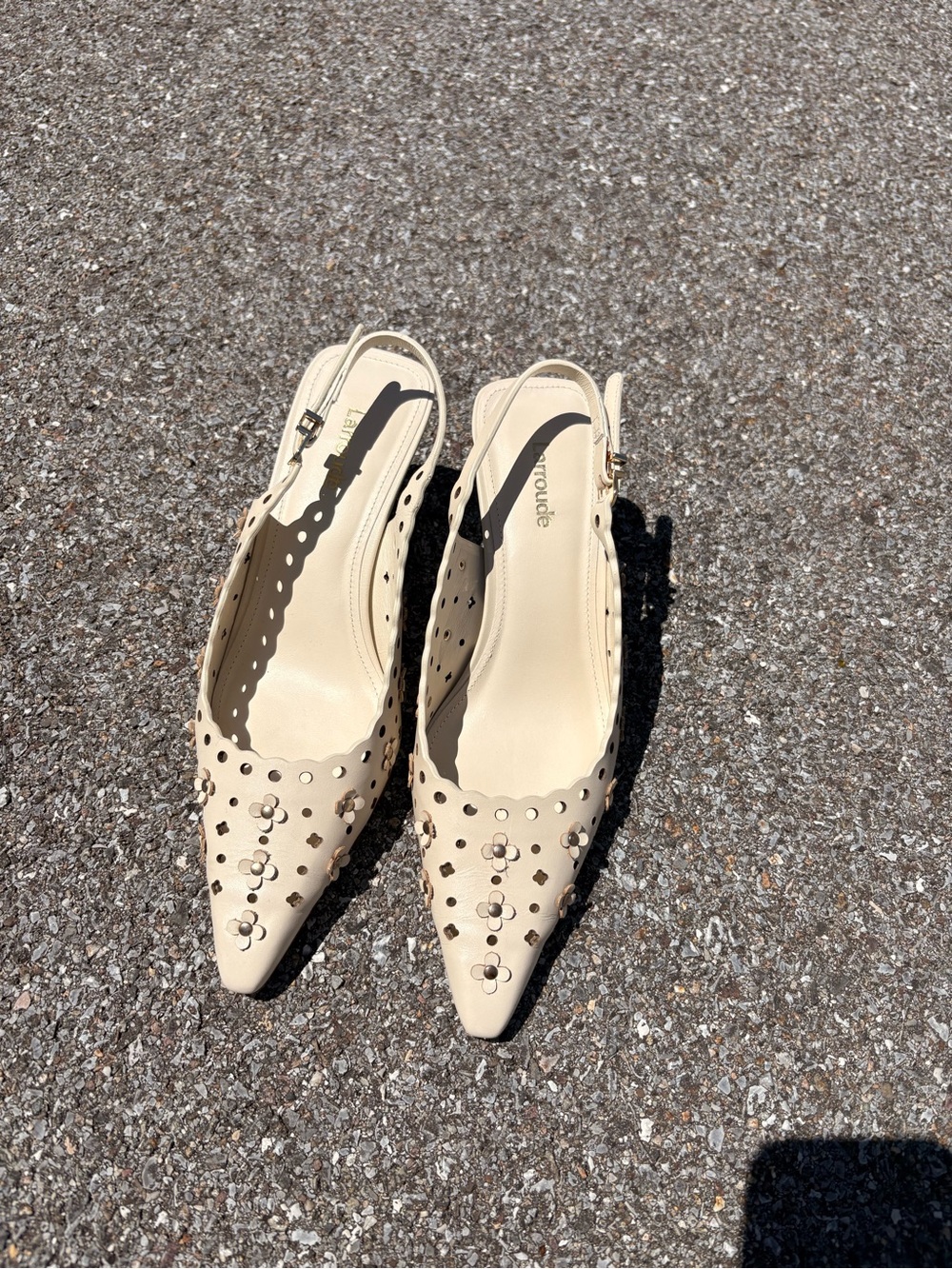 Larroude Cream Pointed-Toe Slingback Heels with Floral Cutouts